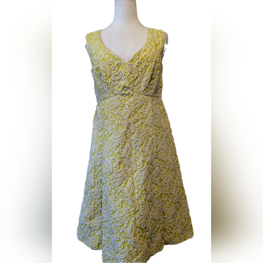 1950s Jeane Scott Original Fit & Flare Chartreuse Brocade Sleeveless Dress -S-